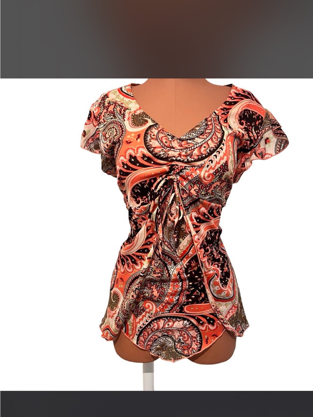 Paisley Ruched V-Neck Short Sleeve Top - Orange